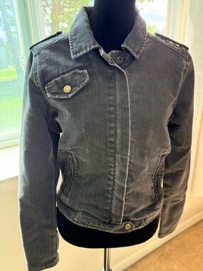 Gap Black denim moto jacket classic chic jean jacket zipper front small EUC